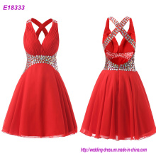 Elegant Red O Neck A Line Chiffon Sleeveless Evening Dresses with Beading Short Length Evening Dress